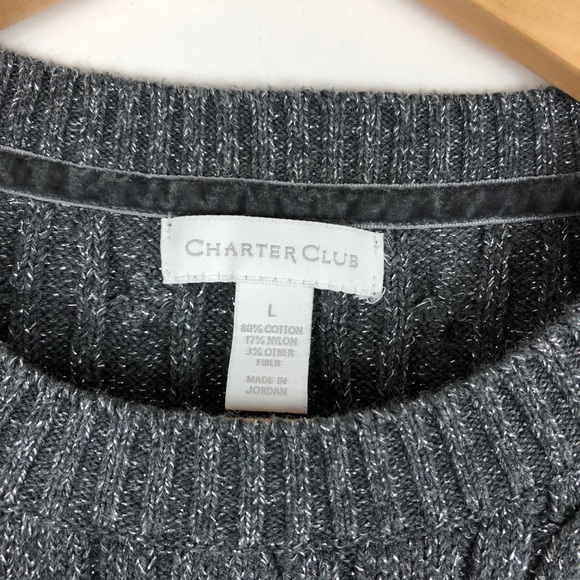 Charter Club Dark Gray Cotton Crewneck Cable-knit Sweater Metallic Fiber - Picture 12 of 12